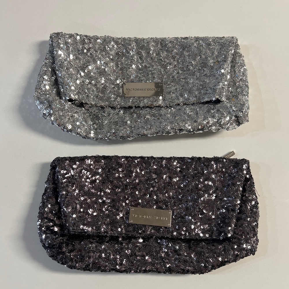 Set of 2 Victoria Secret Sequin Make Up Bag Clutch Purse Grey Limited Edition
